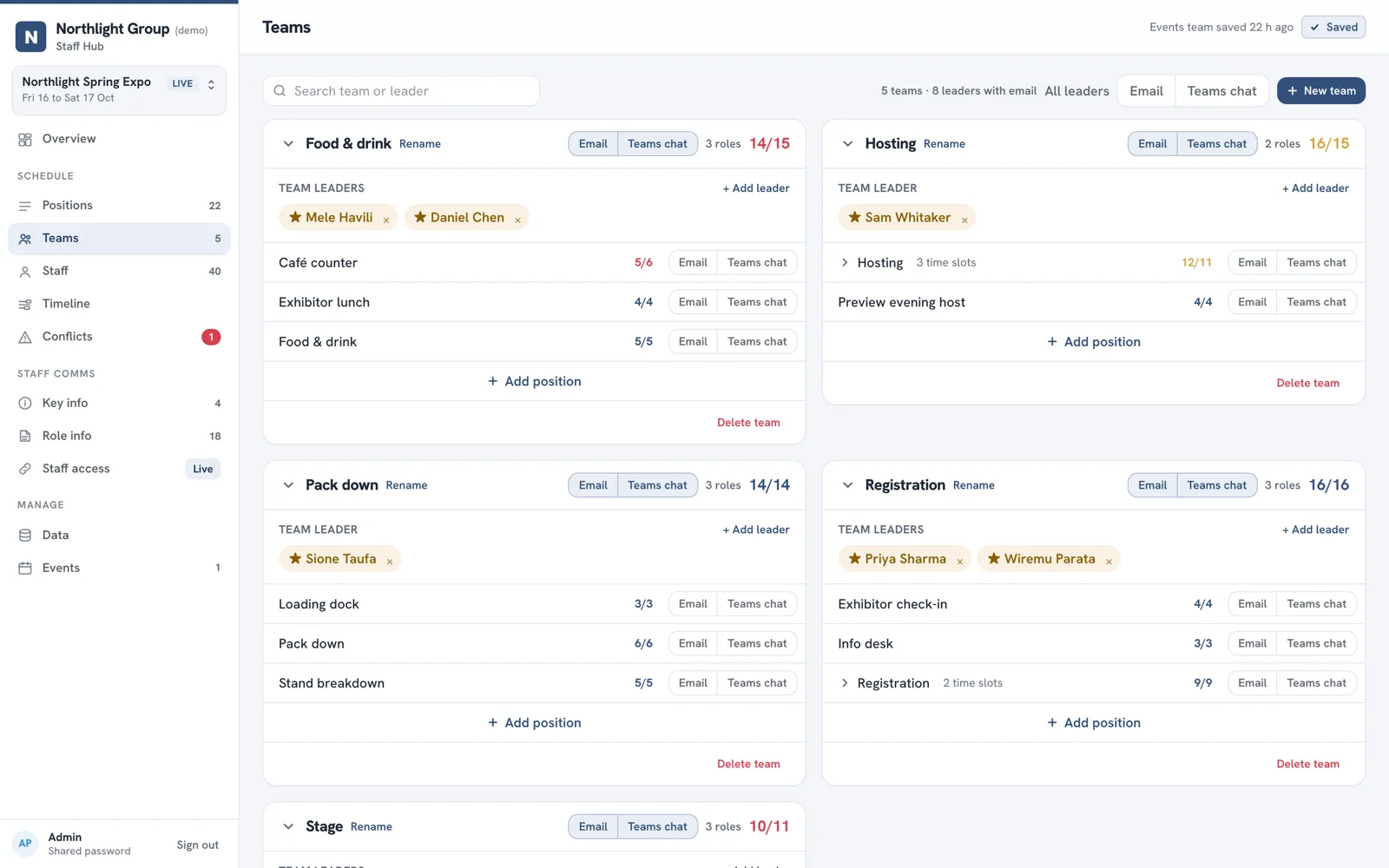 Staff scheduling app: teams, leaders and positions
